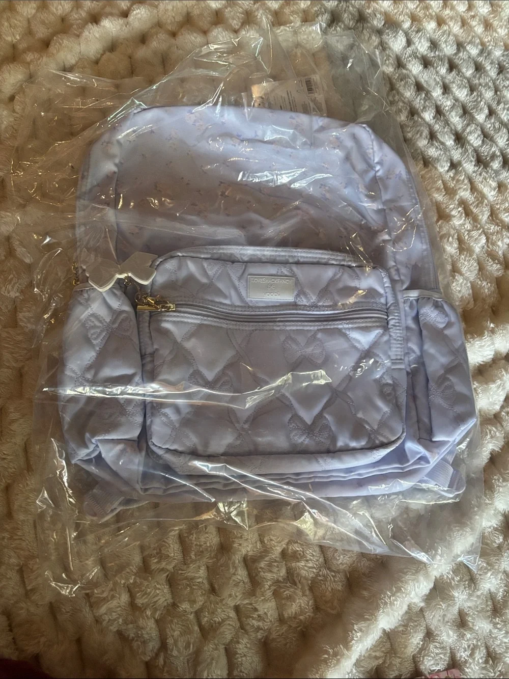LoveShackFancy Lavender Quilted Bow Kids Backpack with Gold Accents